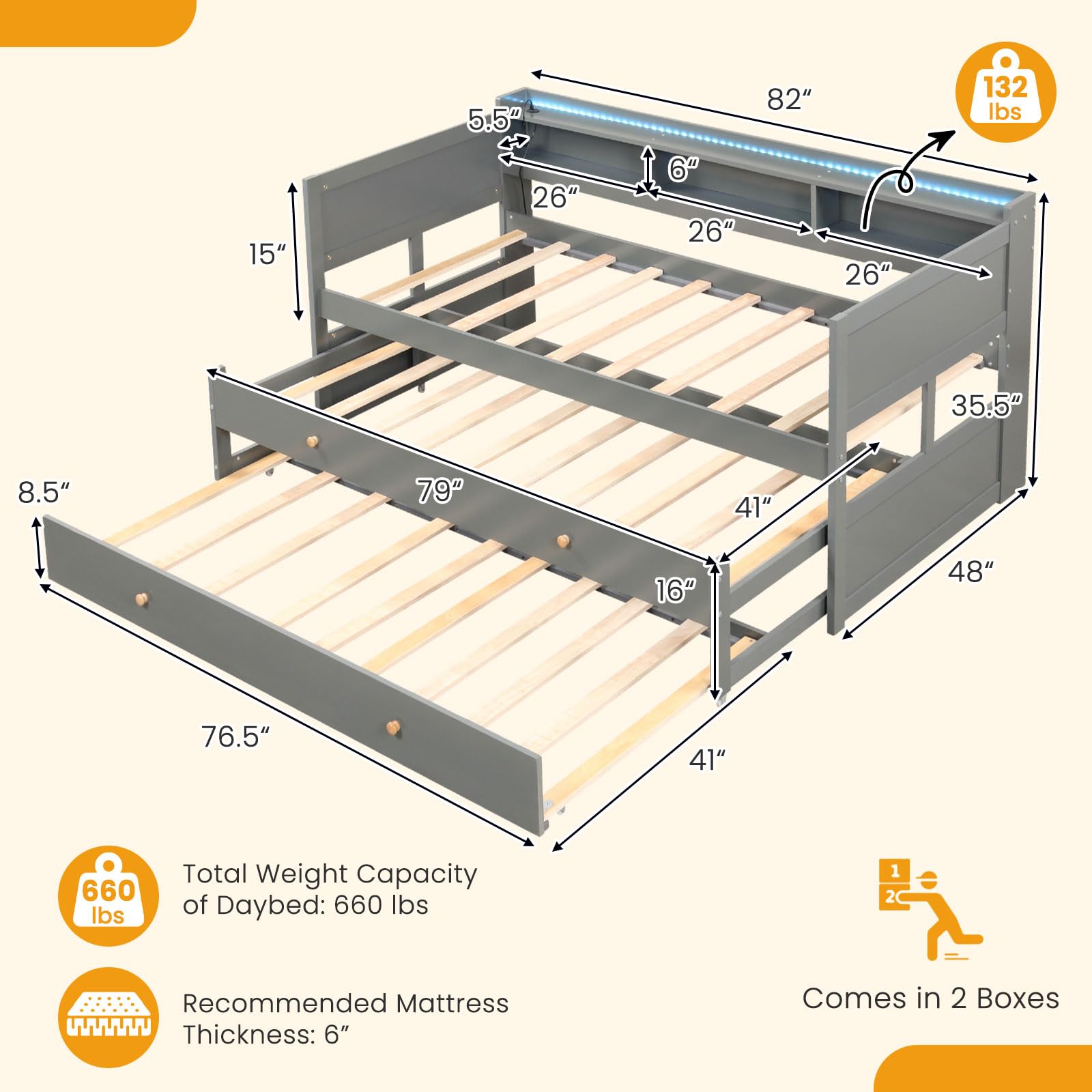 Giantex Grey Twin XL Daybed with Trundle, LED Light Strip, USB Ports & Storage Bookcase - WoodArtSupply