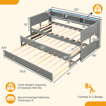 Giantex Grey Twin XL Daybed with Trundle, LED Light Strip, USB Ports & Storage Bookcase - WoodArtSupply