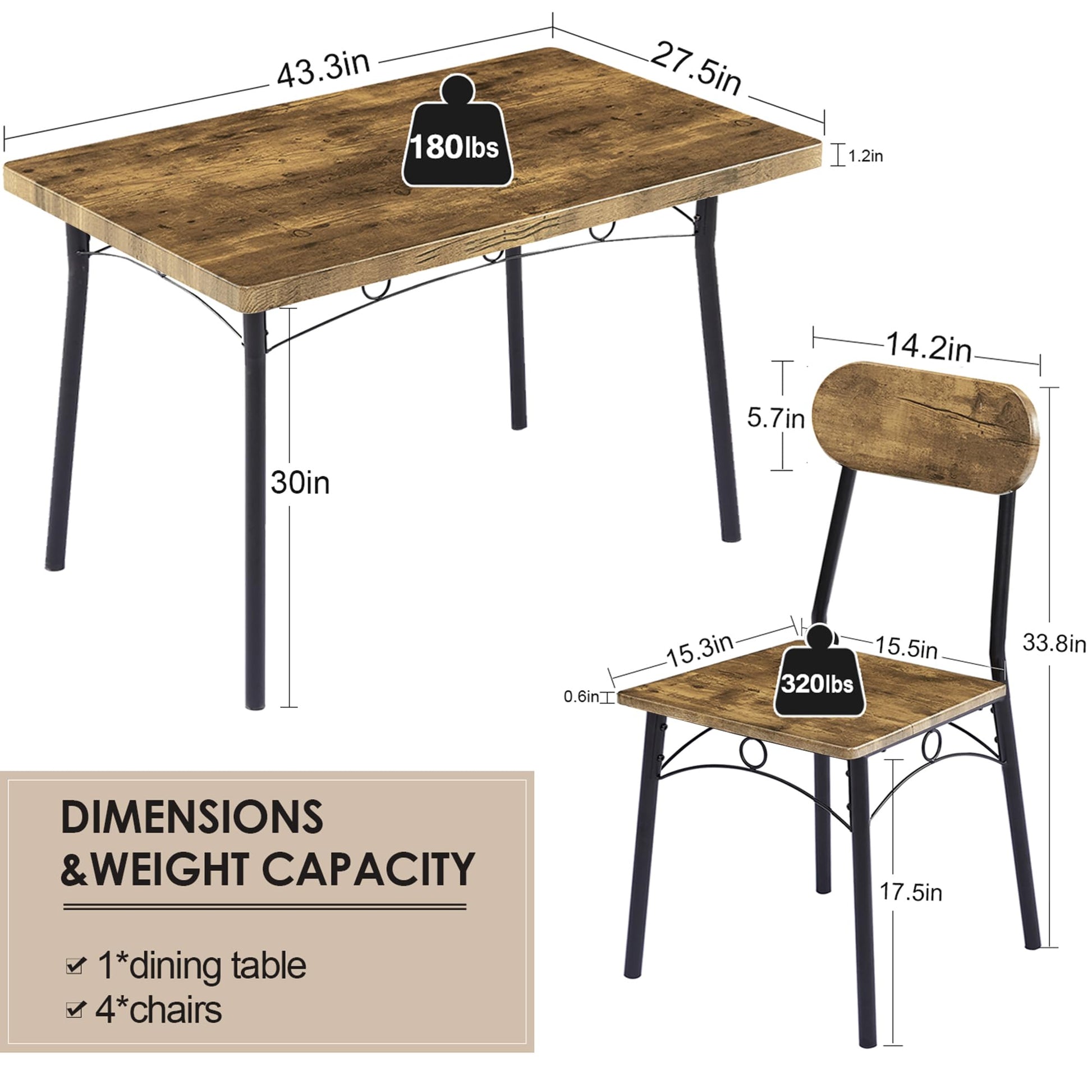 VECELO Dining Table Set for 4, 5 Piece Dinette with Chairs for Kitchen, Breakfast Nook and Small Space, Brown - WoodArtSupply