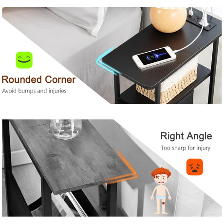 LOAKEKEL Narrow End Tables Living Room Set of 2 with Charging Station, Skinny Side Table with Fabric Drawers, Slim LED Nightstand for Bedroom, Small Spaces, Couch, Black, HETNDP03LBK LOAKEKEL