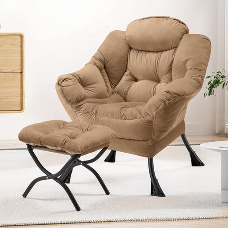 Congermom Lazy Chair with Folding Ottoman Modern Large Accent Chair,Contemporary Lounge Leisure Sofa Chair with Armrests Upholstered Sofa Armchair Reading Chair for Bedroom,Dorm & Office(Khaki-f) Congermom