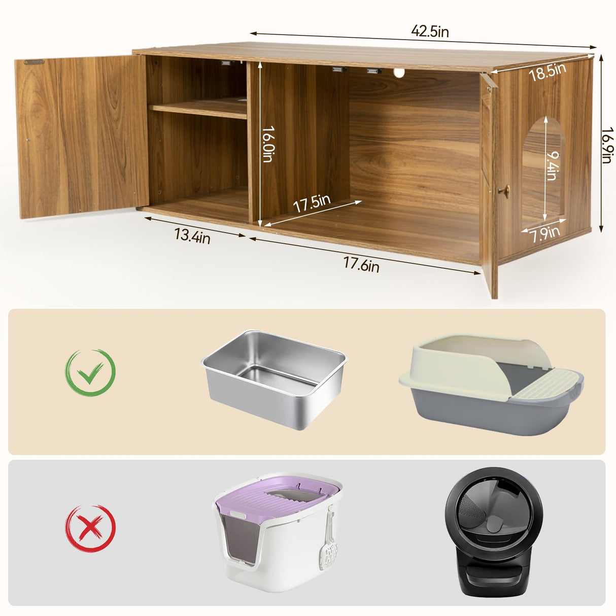 Wooden Cat Litter Box Enclosure with Storage Compartment with Adjustable Divider, Hidden Litter Box Furniture and Hall Table, Cat Box Enclosure, 42.5''L*18.5W*16.9H (Oak, Rattan) Furriends