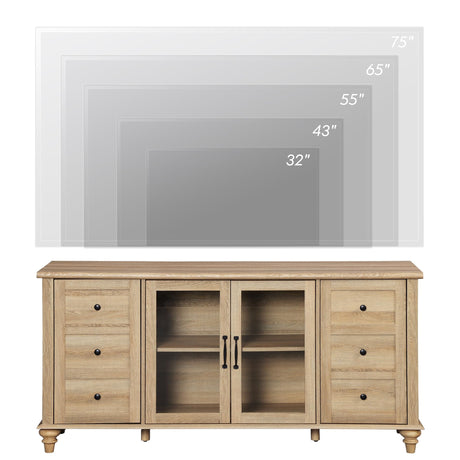 WAMPAT Glass Door Farmhouse TV Stand for TVs Up to 75 inch, Wood Universal TV Console Table with 4 Storage Cabinets, Entertainment Center for 32-75 inch TV Console Cabinet, 58'',Oak WAMPAT