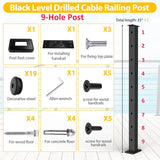 HEIDIBEAR Cable Railing Post, Flat Top Level Drilled Post Black Stainless Steel Deck Post 36’’x2’’x2’’-9Holes with Protector Sleeve Cable Railing System Wood Concrete Level Deck, PF01-L HEIDIBEAR