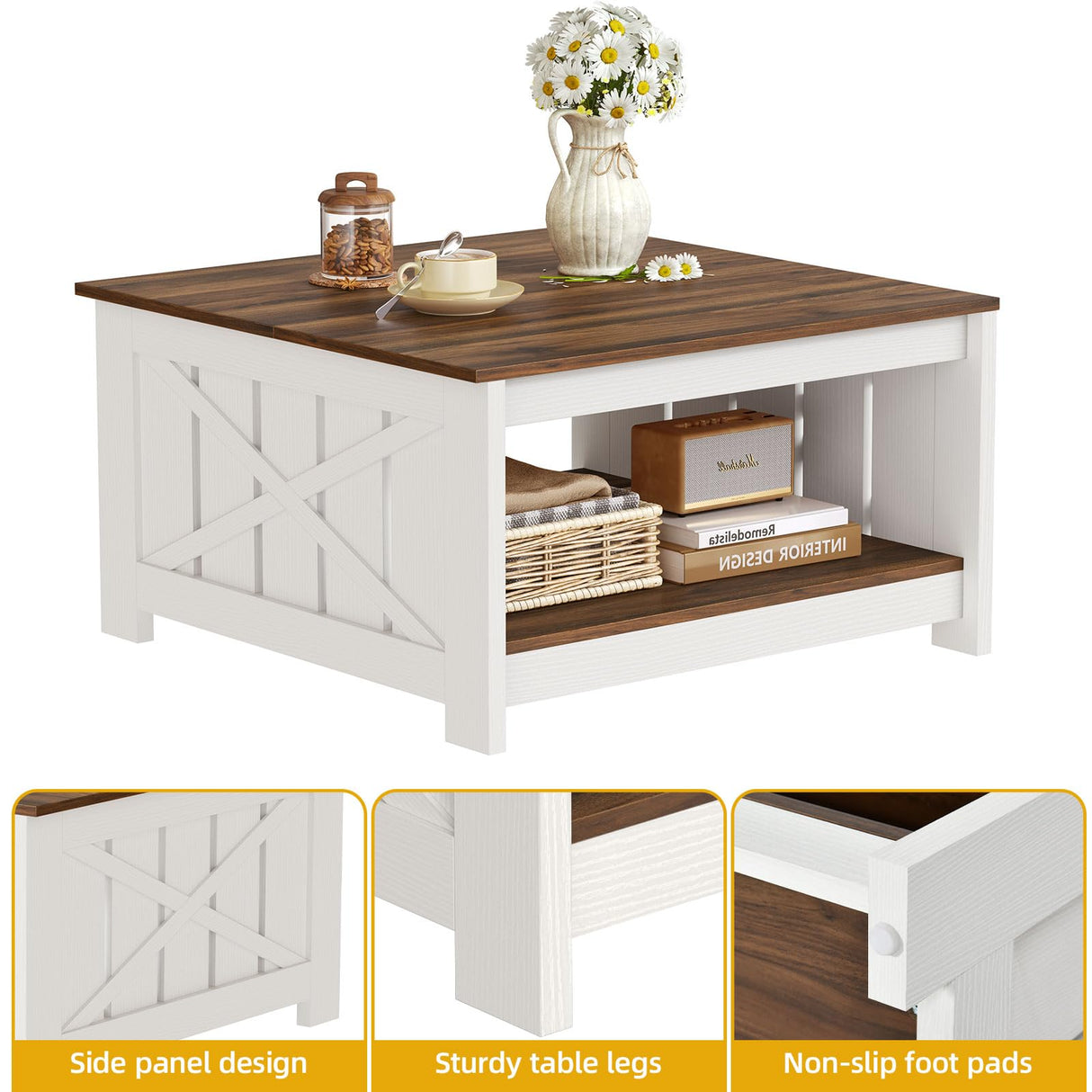 DWVO Farmhouse Coffee Table, Square Coffee Table with Storage, Rustic Wood Cocktail Table, for Living Meeting Room with Half Open Storage Compartment, Brown with White DWVO