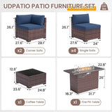 UDPATIO Patio Furniture Set with 44'' Fire Pit Table,Modular Outdoor Furniture Sets,Slanted Back Outdoor Sectional Conversation Set PE Rattan Sofa for Backyard W/Coffee Table,4'' Cushions,8 PCS,Blue UDPATIO