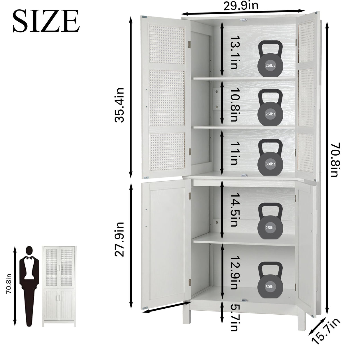 MISHAO 71" Kitchen Pantry Storage Cabinet, Tall Storage Cabinet with Rattan Doors & Adjustable Shelves, Freestanding Cupboard Wood Pantry for Kitchen, Living Room, Dining Room Hallway, White MISHAO
