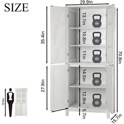 MISHAO 71" Kitchen Pantry Storage Cabinet, Tall Storage Cabinet with Rattan Doors & Adjustable Shelves, Freestanding Cupboard Wood Pantry for Kitchen, Living Room, Dining Room Hallway, White - WoodArtSupply