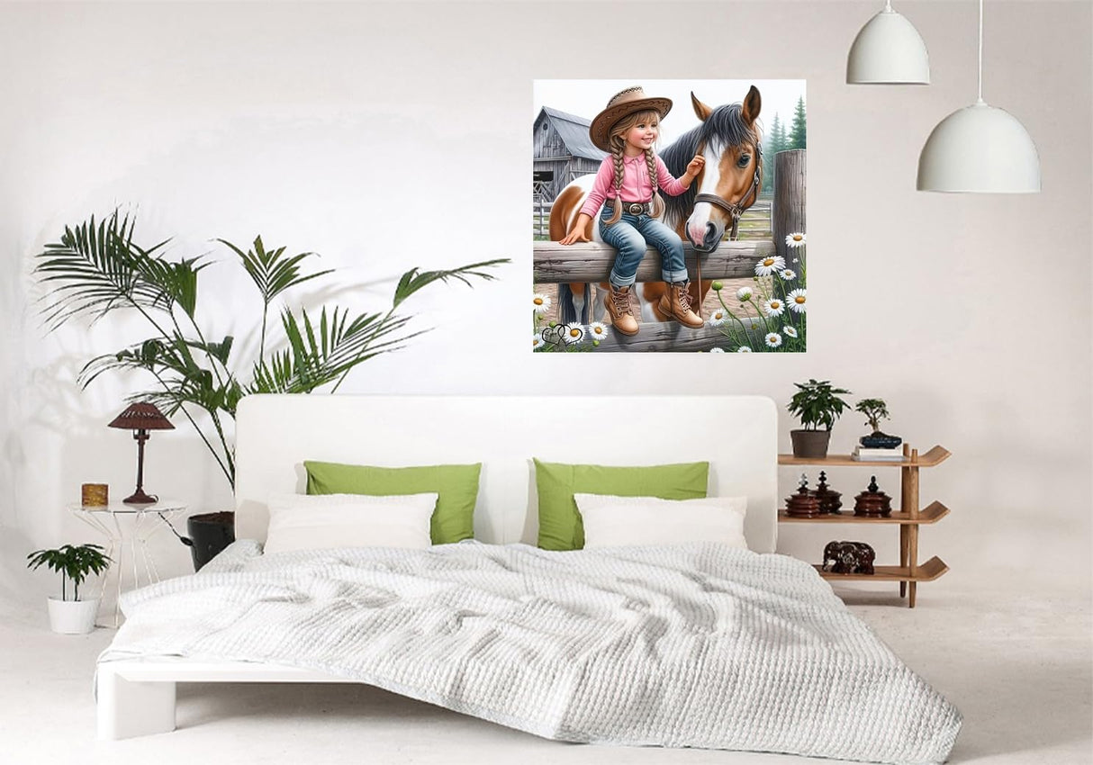 GXGLLPZBY DIY Lovely Little Lass and Horse Diamond Art Kits, 5D Diamond Painting for Beginners Adults, Round Full Drill Diamond dot Art Kits, Gem Art for Adults Home Wall Decor 13.8x13.8in GXGLLPZBY