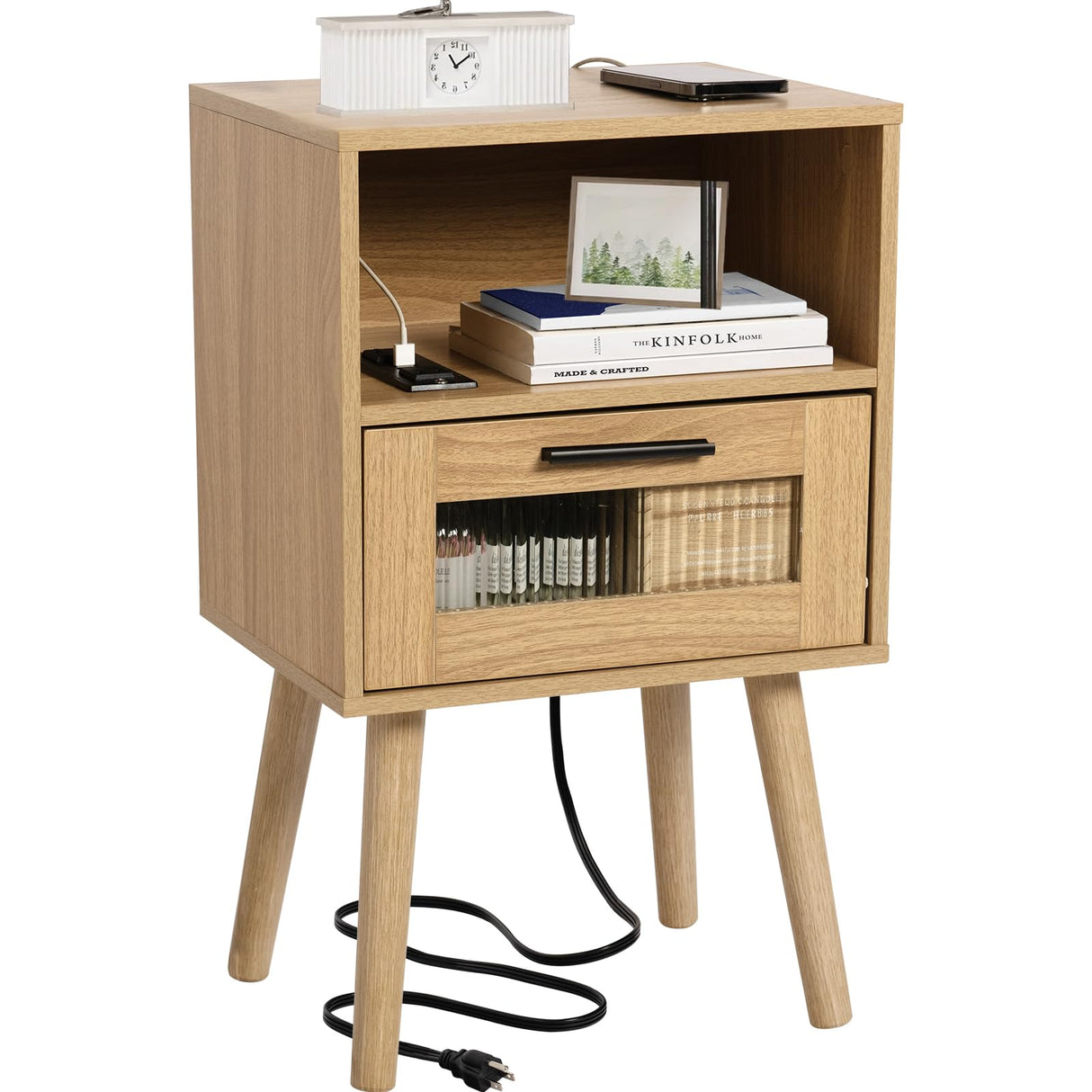 23inch Nightstand with Charging Station,2 AC outlets and 2 USB Ports, Mid Century Modern Nightstand, Bedside Tables for Bedroom, Natural Wood Side Table with Storage Drawer(Wood-1PCS) i-VTIES