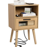 23inch Nightstand with Charging Station,2 AC outlets and 2 USB Ports, Mid Century Modern Nightstand, Bedside Tables for Bedroom, Natural Wood Side Table with Storage Drawer(Wood-1PCS) i-VTIES