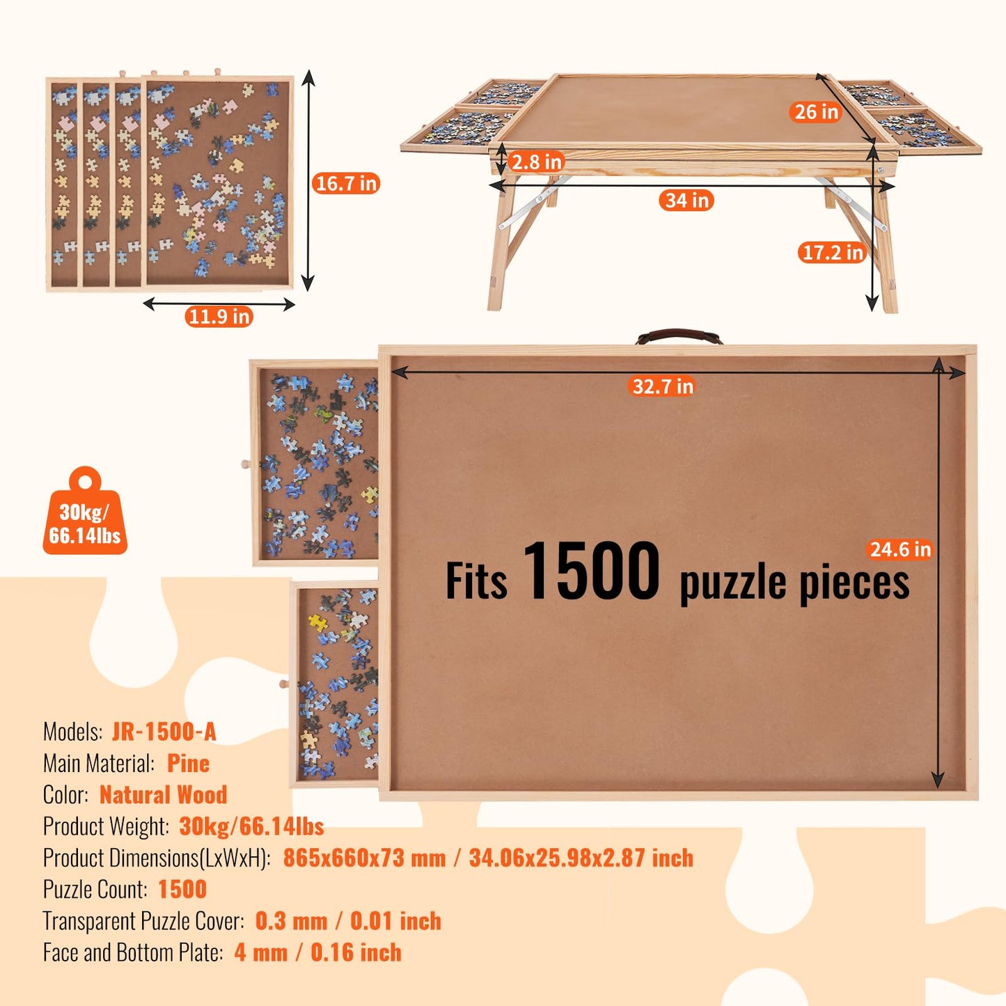 VEVOR 1500 Piece Puzzle Table with Folding Legs, 4 Drawers and Cover, 32.7"x24.6" Wooden Jigsaw Puzzle Plateau, Puzzle Accessories Board for Adults, Puzzle Organizer Storage System, Gift for Mom