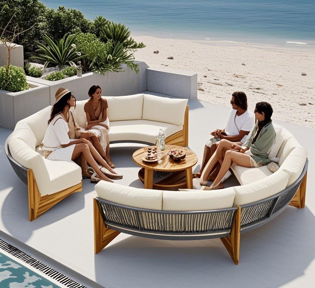 Quarte Outdoor Acacia Wood Round Sofa Set, Half-Moon Sectional Sets with Coffee Table,6-Person Seating Group for Garden, Deck (Beige/Half-Moon*A) Quarte