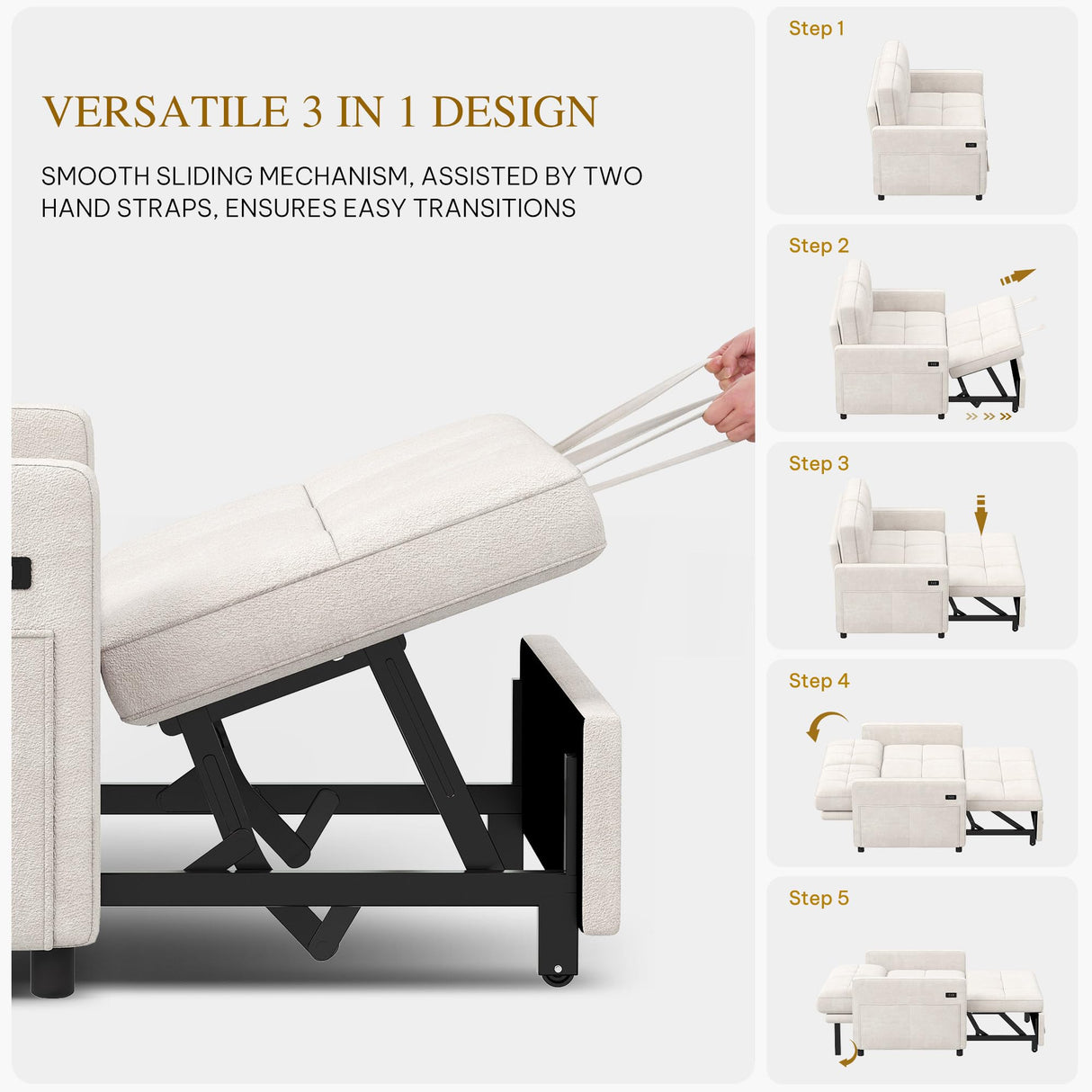 DWVO 55" Convertible Sofa Bed, 3-in-1 Sleeper Sofa with Pull-Out Couch, Velvet Futon Couch with Adjustable Backrest and USB, Modern Loveseat for Living Room Apartment, Light Beige DWVO