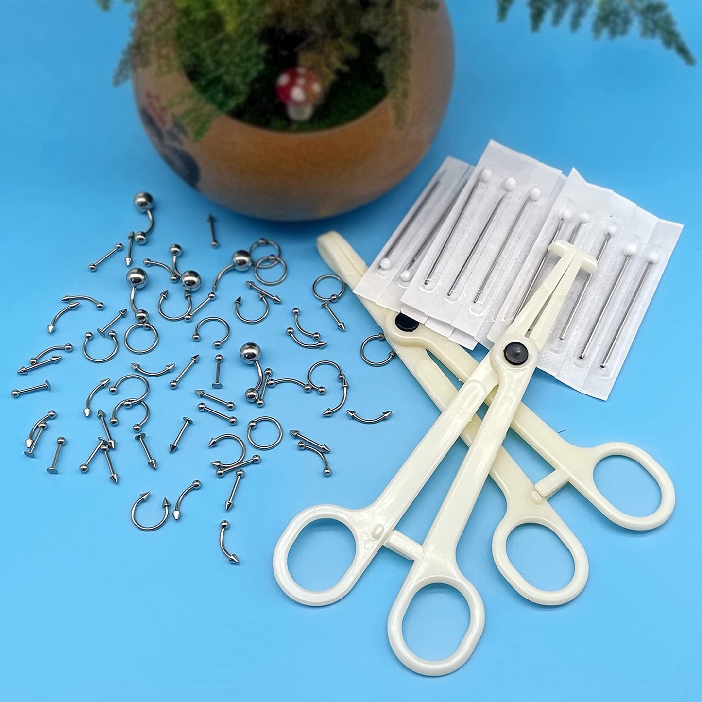 A-minusone 84 PCS Body Septum Piercing Kit 14G 16G Tools for Nose Tongue Lip Ear Eyebrow Belly Button Cartilage Tragus Industrial Barbell Helix Daith Piercing Jewelry Clamps