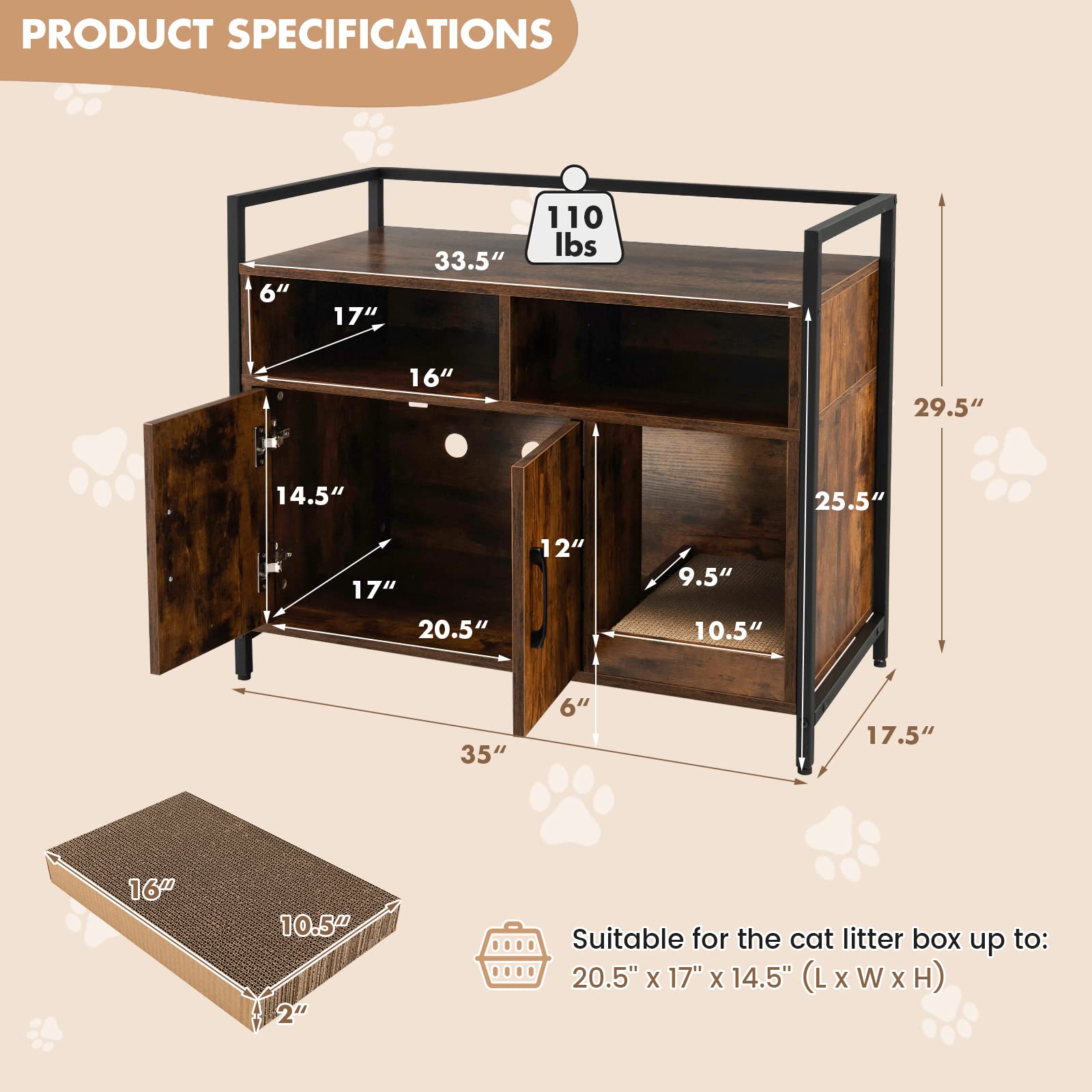 Giantex Cat Litter Box Enclosure - Cat Washroom Hidden Furniture with Front Entry, Cat Scratcher, 2-Door Storage Cabinet, 2 Compartments, Air Vents, Metal Frame, Wooden Pet Crate House (Rusti - WoodArtSupply