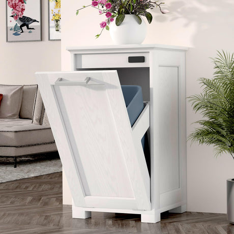 YGIPT Wooden Tilt Out Trash Cabinet, Hidden Trash Can Cabinet 10-Gallon Garbage Cabinet for Kitchen, Living Room & Bathroom White Finish YGIPT