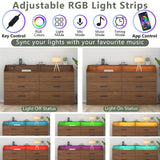 Gyfimoie 6 Drawer Dresser with Power Outlet, Chest of Drawers with LED Light, Modern Dresser with Open Storage Cubby, Double Wide Dressers Organizer for Bedroom, Living Room, Entryway,Hallway Gyfimoie