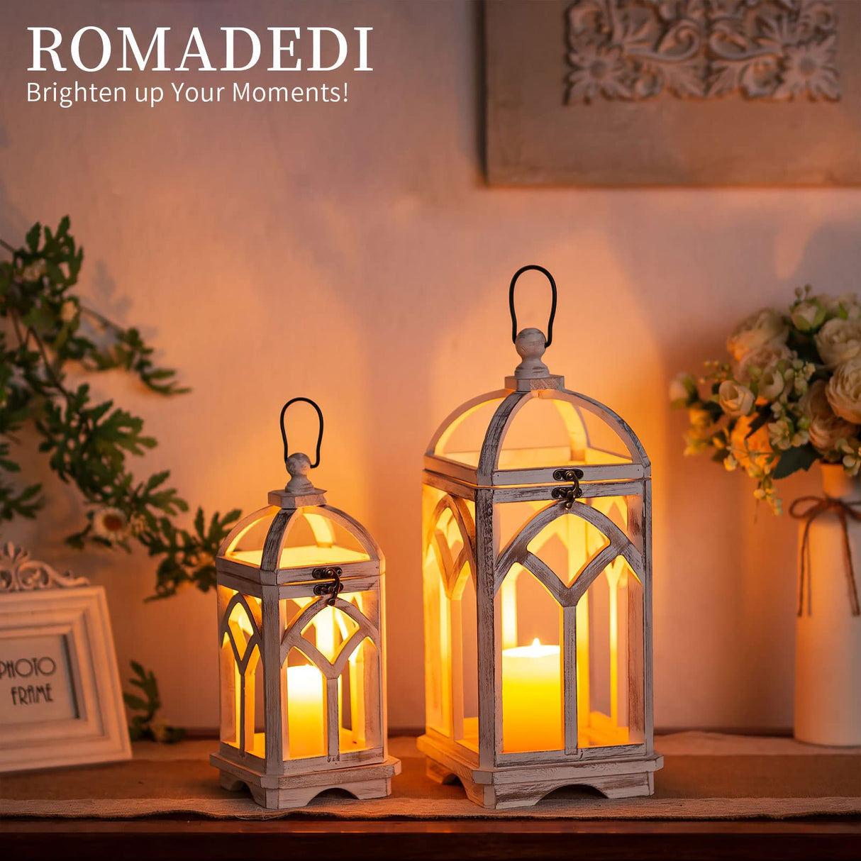 Romadedi Decorative Candle Lantern Wood - Rustic Wooden Lantern for Farmhouse Home Living Room Shelf Patio Table Decoration Christmas Holloween Wedding Party Table Centerpiece, Washedwhite Romadedi