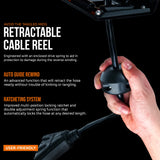 SuperHandy Extension Cord Reel Retractable 12AWG x 80' Foot 3C SJTOW Cable Triple Tap Connector Power Rating 125 Volt AC 15 Amp 1875 Watt Industrial Steel Single Arm SuperHandy