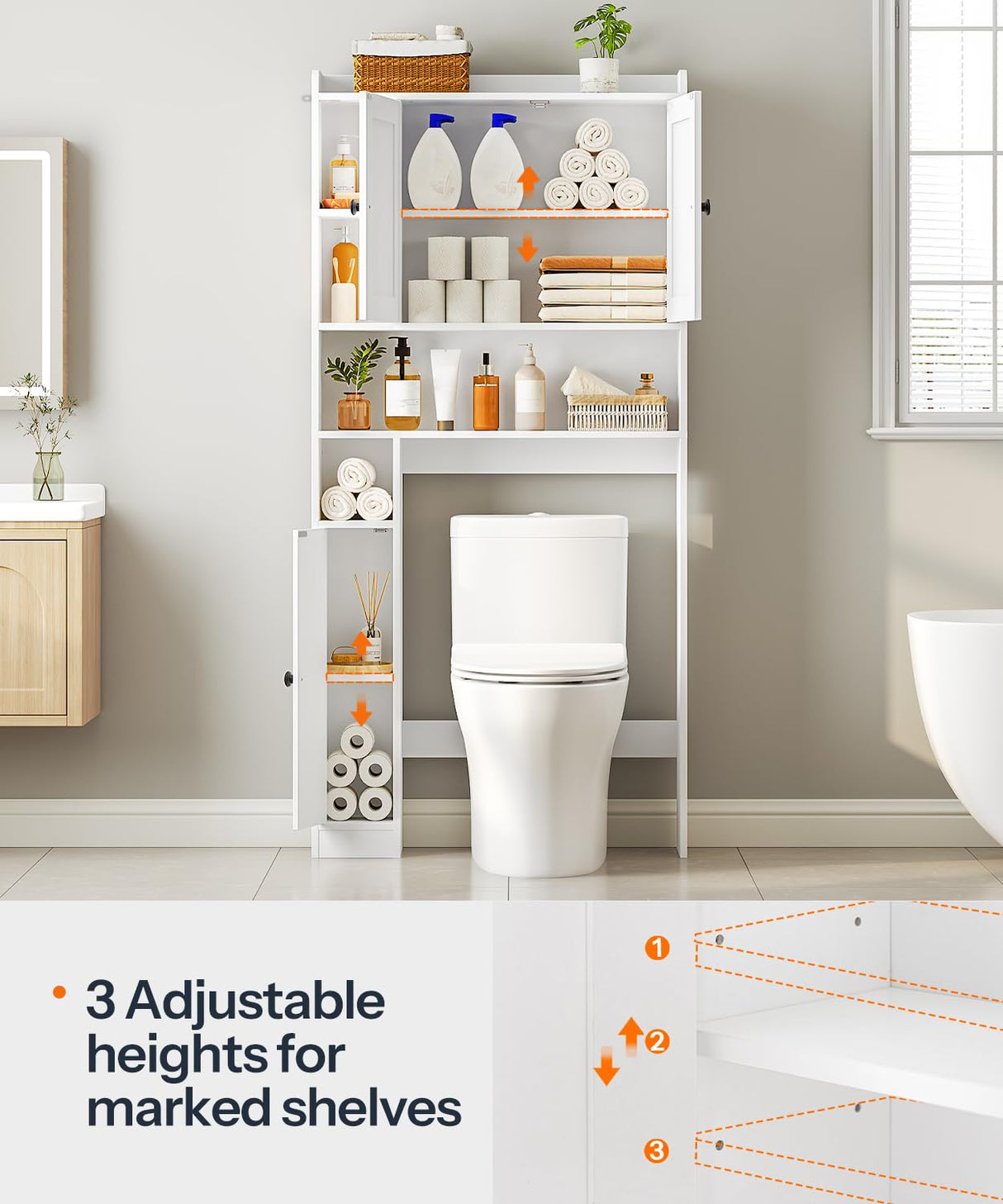 HOOBRO Over The Toilet Storage Cabinet, Farmhouse Over Toilet Bathroom Organizer with Doors and Adjustable Shelves, 31.5" W x 7.5" Dx 66.7" H, Space-Saving for Bathroom, Laundry, White WT80TS01N1 HOOBRO