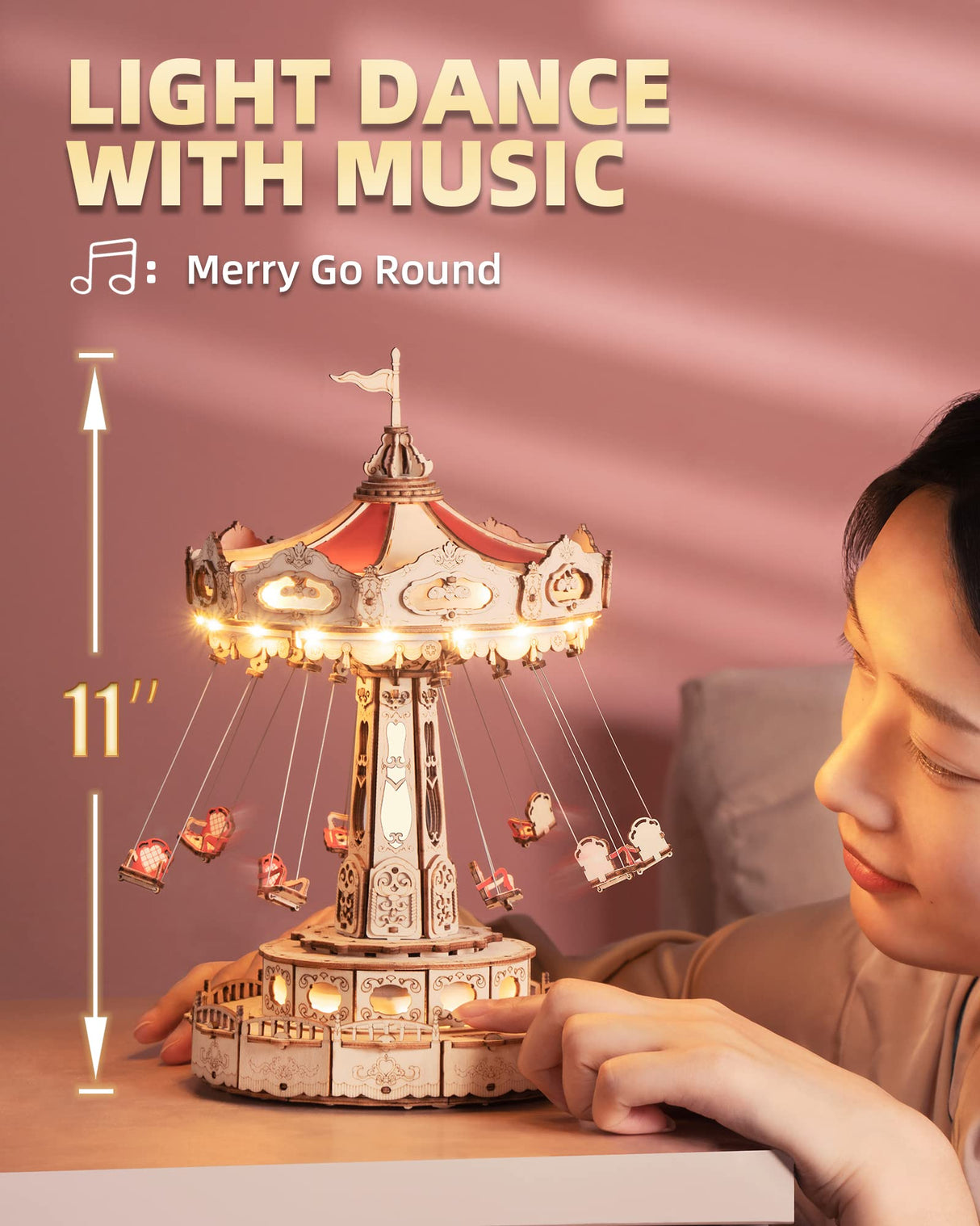ROKR 3D Puzzles for Adults-STEM Projects for Kids-LED Swing Ride Model Building Kit-Music Box DIY Kit-Gift for Kids and Adults ROKR