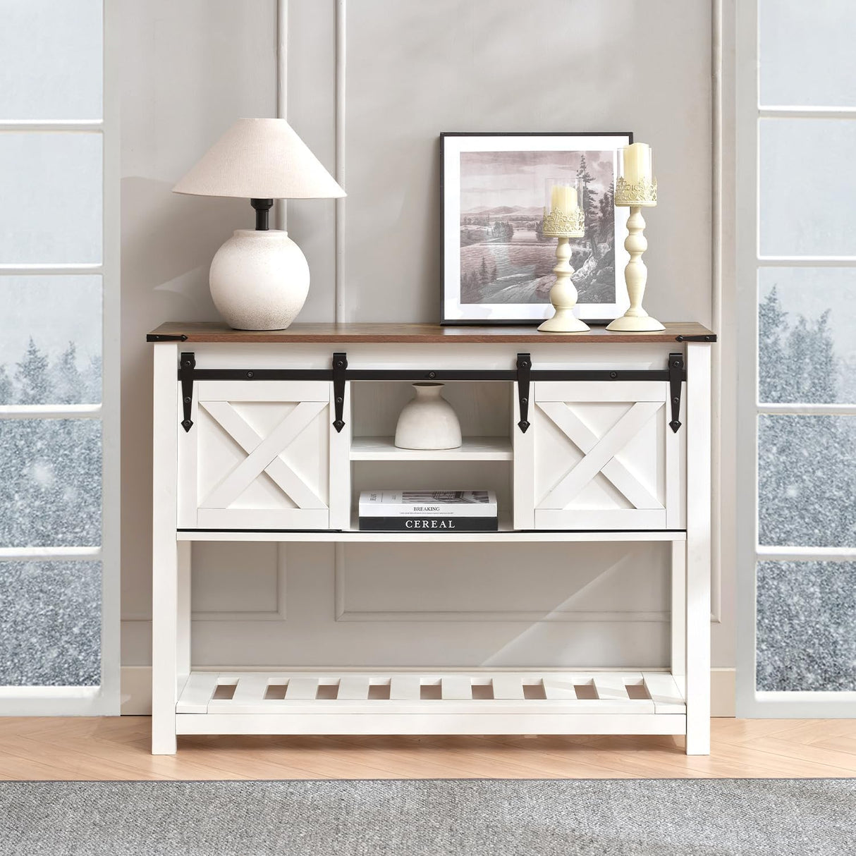 Puntogen Entryway Table with Sliding Barn Doors, 43" Farmhouse Console Table with Storage Shelf, Behind Couch Sofa for Hallway, Entryway, Foyer, White Puntogen