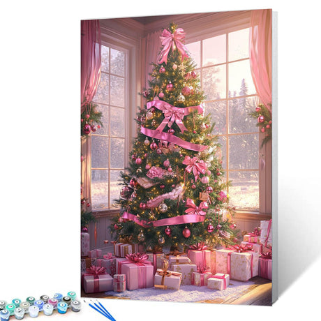 Tucocoo Merry Christmas Paint by Numbers Kit for Adults Beginners Student Boys and Girls,Pink Christmas Tree Present Watercolor Easy Oil Painting for Home Wall Decor Ideal Gift 16x20 Inch (No Frame) Tucocoo