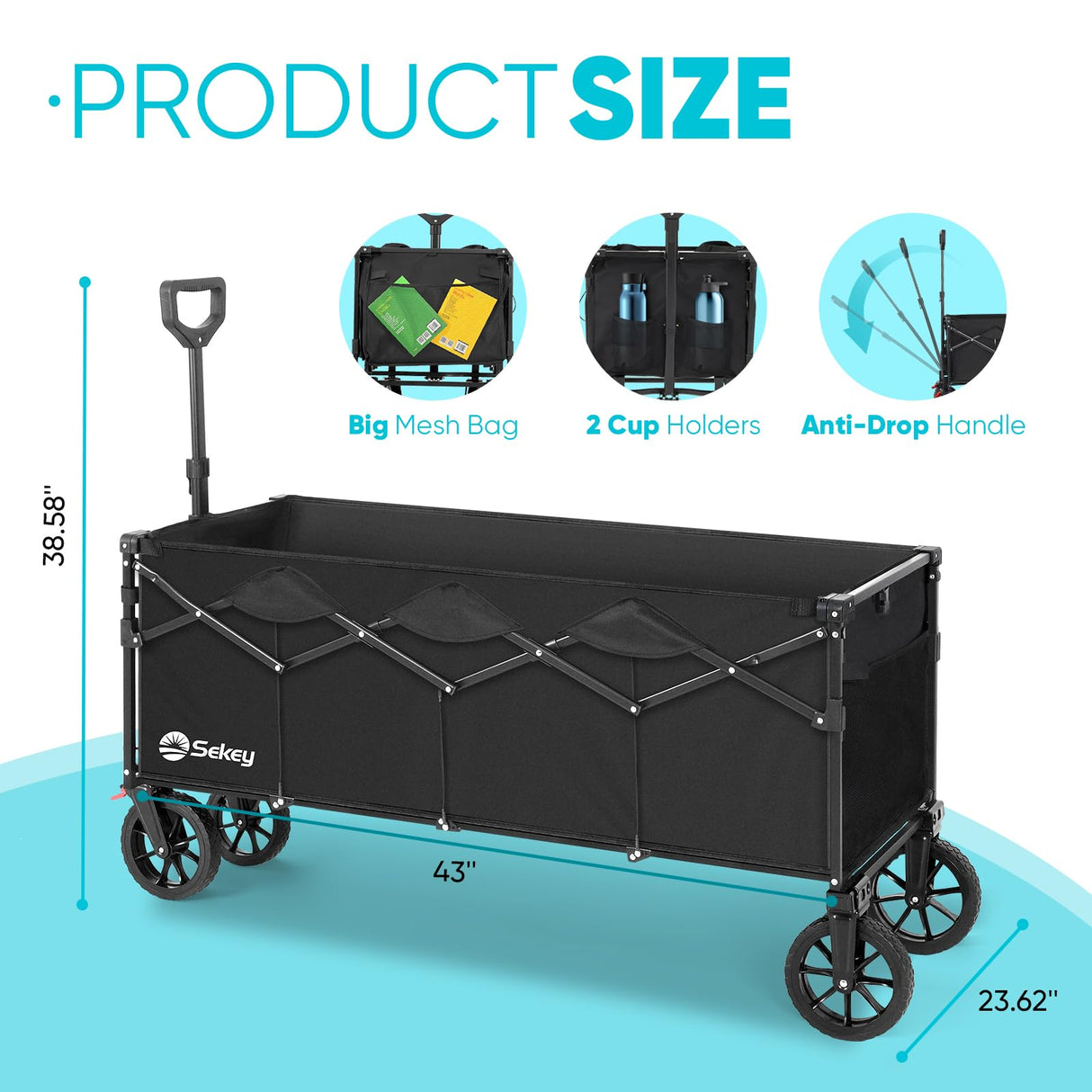 Sekey 43'' Extended Collapsible Wagon 400L Large Capacity, 440LBS Heavy Duty Folding Utility Garden Cart with All-Terrain Wheels for Camping, Sports, Shopping.Black Sekey