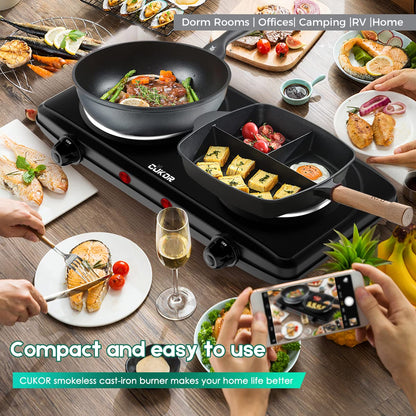 CUKOR Electric Hot Plate, Double Cast Iron 2 Burner, 1800W Countertop Burner, Dual Electric Stove Burners, Portabel Electric Cooktop, Portabel Double Burner for Cooking