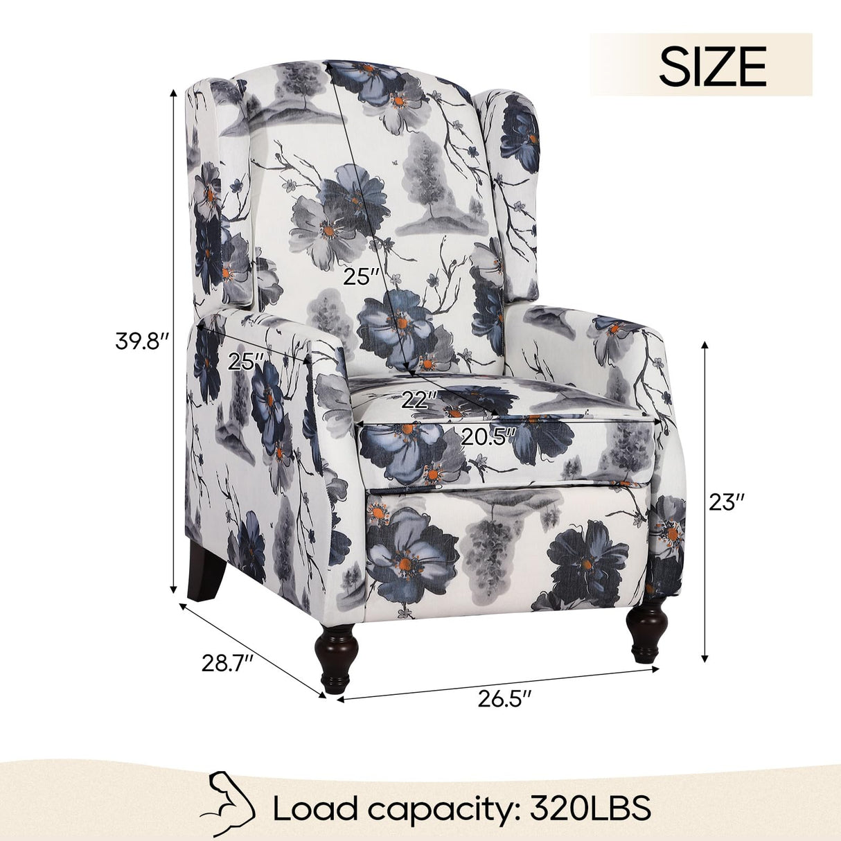 PALLOME Upholstered Wingback Recliner Chair, Mid Century Modern Manual Push Back Recliner for Living Room, Bedroom (1, Blue Floral) PALLOME