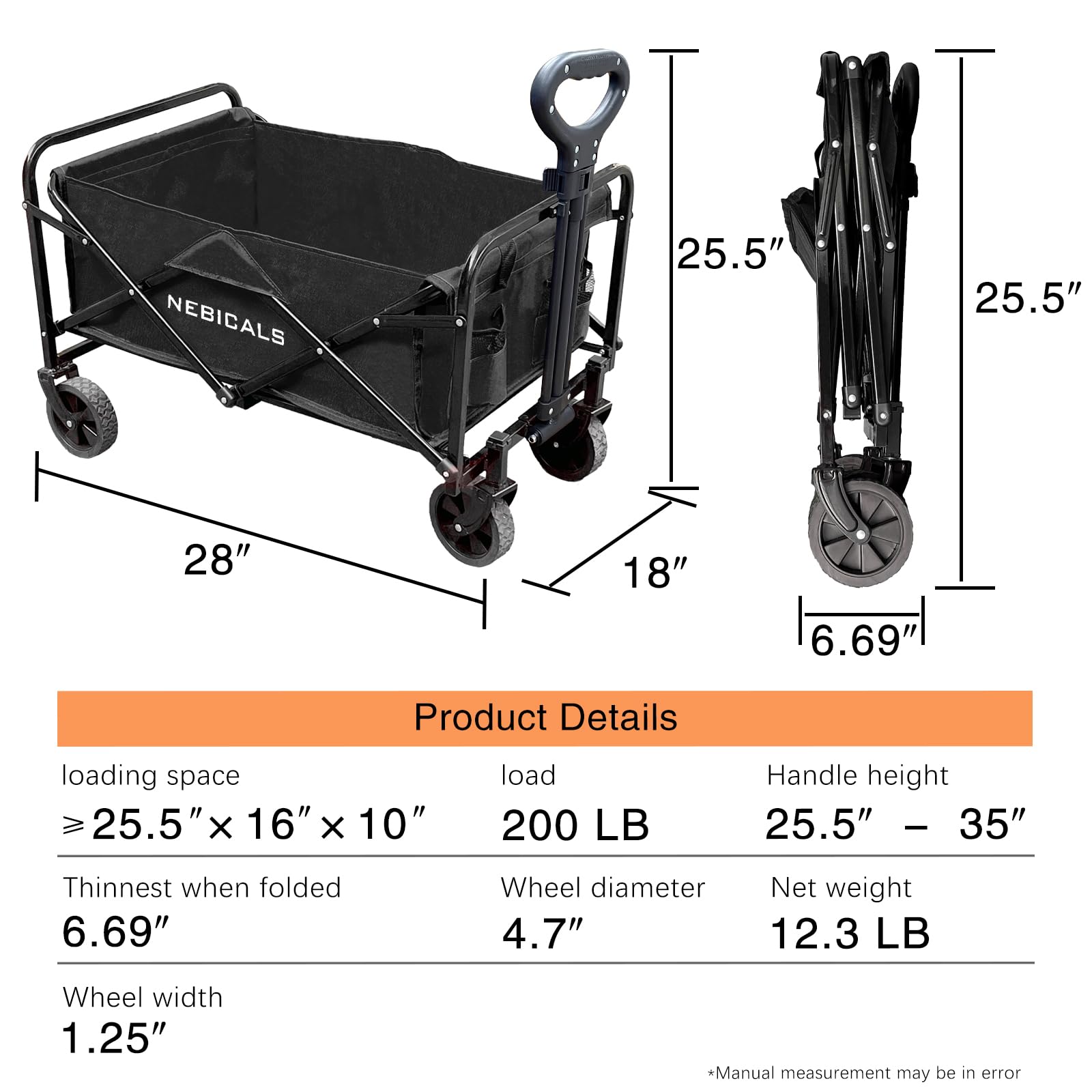 NEBICALS Small Wagons Carts Foldable Pull, Grocery Cart on Wheels Foldable, Collapsible Wagon Cart, Small Beach Wagon Lightweight Folding Fold Up Wagon Apartment, Garden, Black - WoodArtSupply