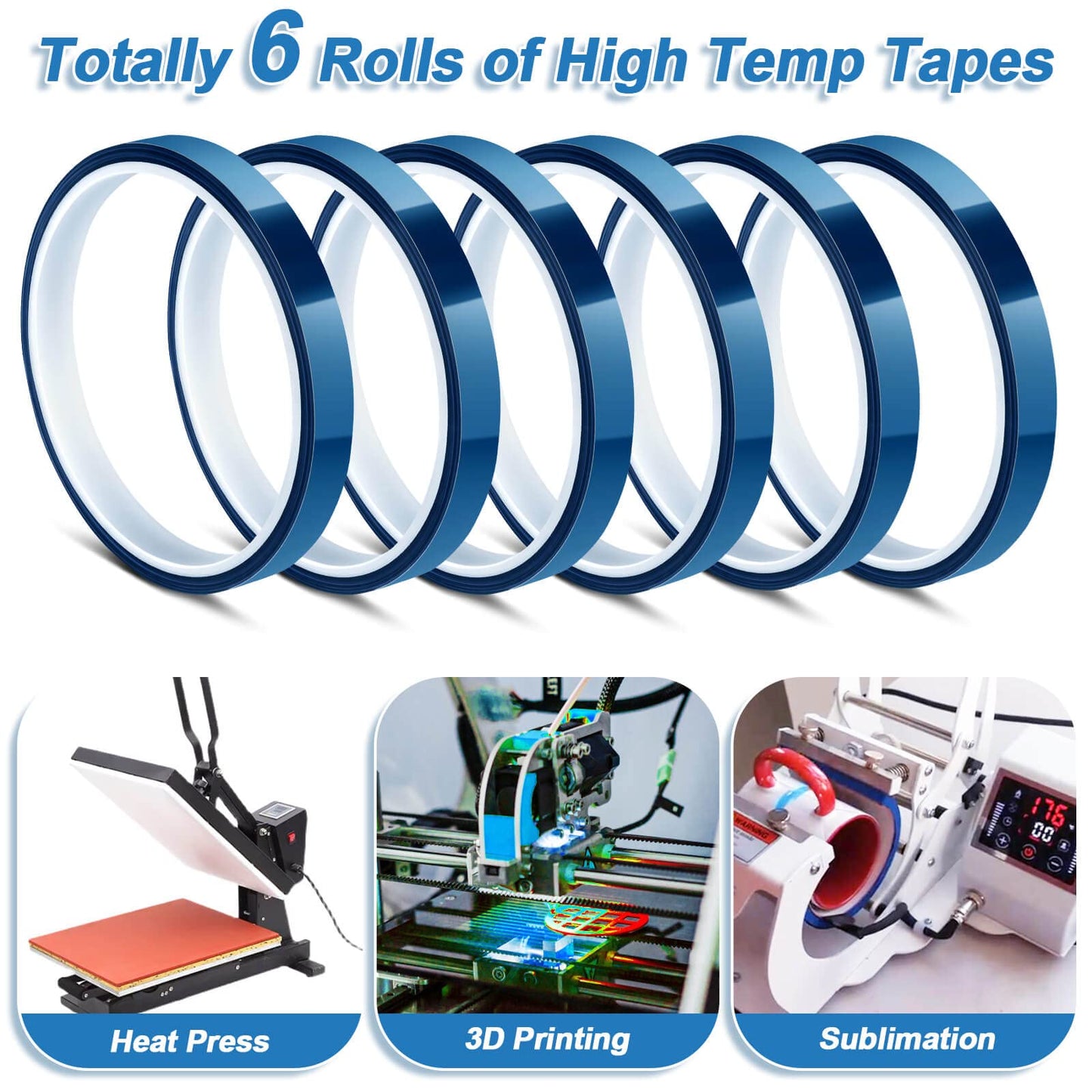 selizo Heat Tape for Heat Press Sublimation, 6 Packs Heat Transfer Tape Heat Resistant High Temperature Adhesive Tape for Dye Sublimation, HTV Craft