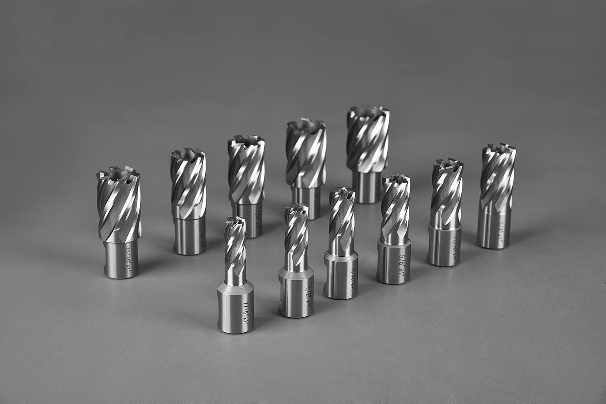 Annular Cutter Set 13 pcs JESTUOUS 3/4 Inch Weldon Shank 1 Cutting Depth and Cutting Diameter from 7/16 to 1-1/16 for Mag Drill Press HSS Standard Kit Two Flat with 2 Pilot Pins JESTUOUS
