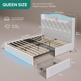 YITAHOME Queen Size Bed Frame with 4 Storage Drawers and RGB LED Lights, 57'' Tall Headboard Velvet Upholstered Bed with Charging Station, No Box Spring Needed, Easy Assembly, Noise-Free, White YITAHOME