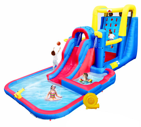 WELLFUNTIME Inflatable Water Slide Park with Large Climbing Wall, Dual Target, Deep Pool and Basketball Rock, Bounce House with Air Blower WELLFUNTIME