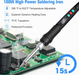 Soldering Iron Kit, 100W LED Digital Solder Gun kits with Ceramic Heater, Adjustable Temperature Welding Tools with Tips, Wick Braid, Stand, Solders Wire, Sponge, Flux Paste, Black Q-MING