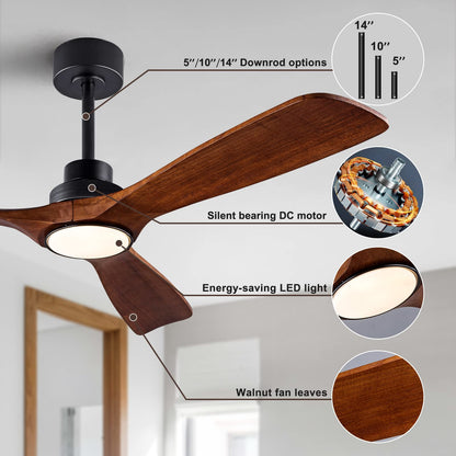 QUTWOB 52" Wood Ceiling Fan with Lights Remote Control,Quiet DC Motor 3 Blade Ceiling Fans for Patio Living Room, Bedroom, Office,Indoor Outdoor(Black+Dark Walnut) - WoodArtSupply