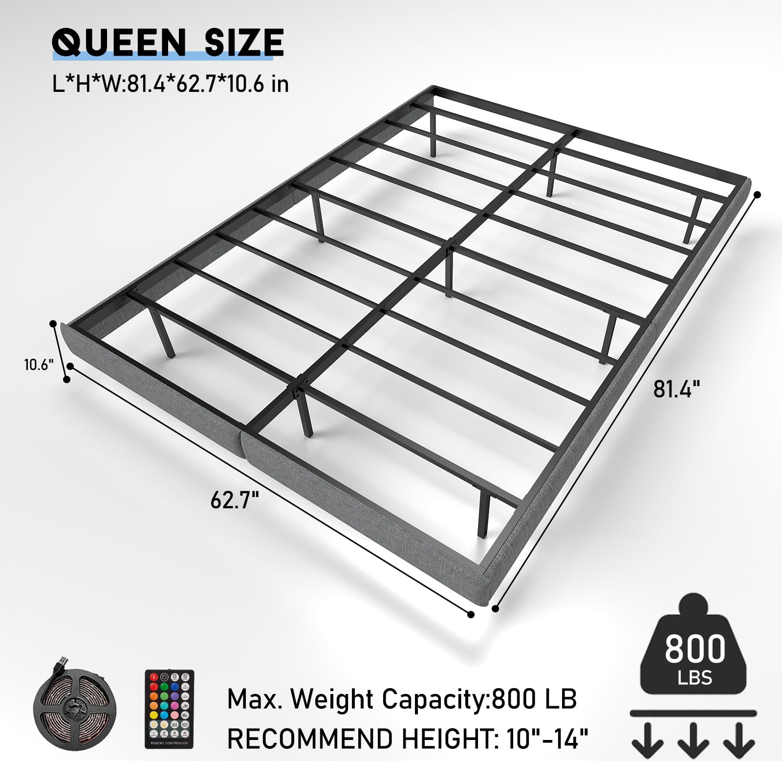 Anhave 10.6" High Queen Floating Bed Frame with RGB LED Lights and Heavy-Duty Metal Support - WoodArtSupply