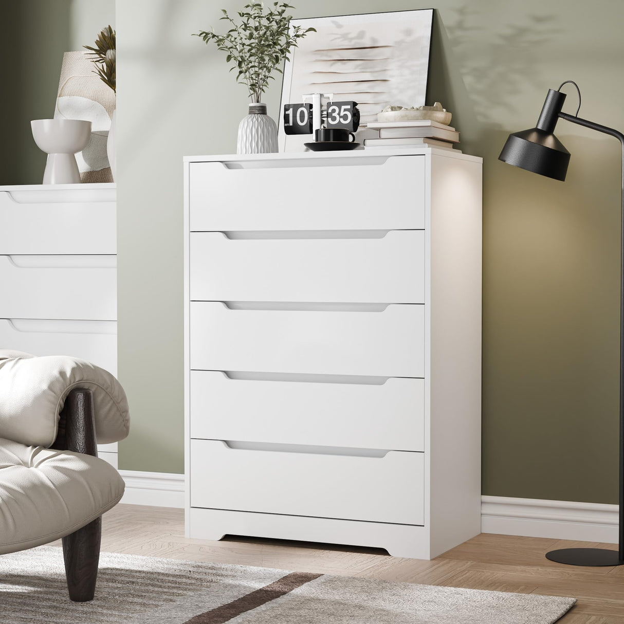 Cozy Castle 5 Drawer Dressers, Modern Chest of Drawers Large Organizer, Wood Accent Storage Cabinet for Living Room, Home Office, Entryway, White Cozy Castle