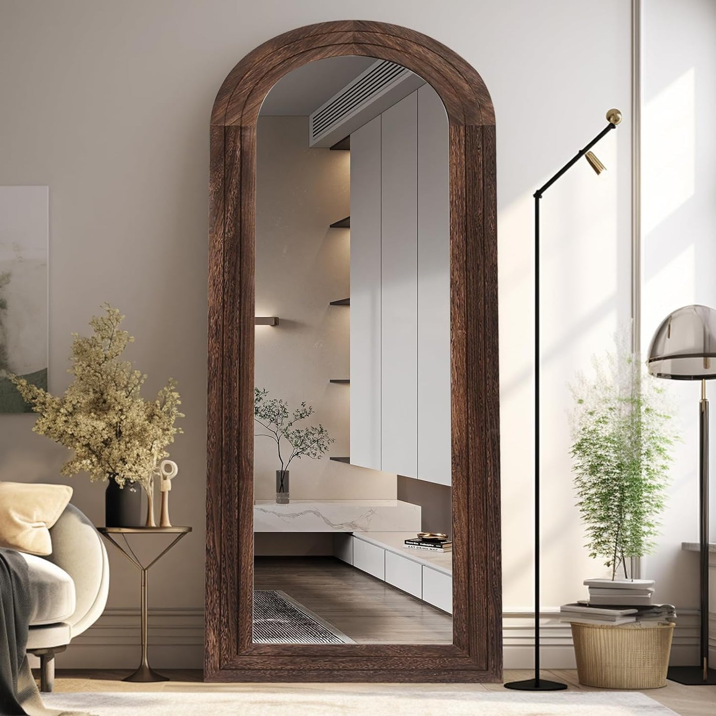 ZHUNFA Arched Full Length Mirror with Solid Wood Frame, 65x22 Farmhouse Wall Mounted Floor Mirror with Stand, Vertical Hanging, Leaning Standing for Bedroom, Living Room, Brown