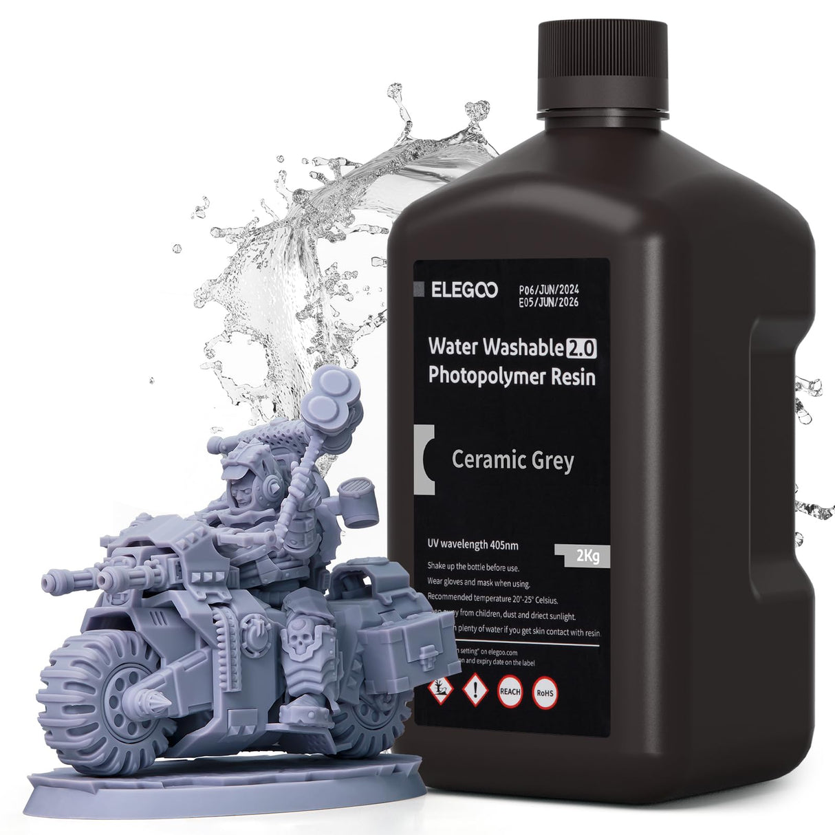 ELEGOO Water Washable 3D Printer Resin 2.0, 405nm UV-Curing 3D Resin with Lower Viscosity, Higher Toughness, Compatible with Saturn Mars Jupiter MSLA DLP LCD 3D Printers, Ceramic Grey 2000g ELEGOO
