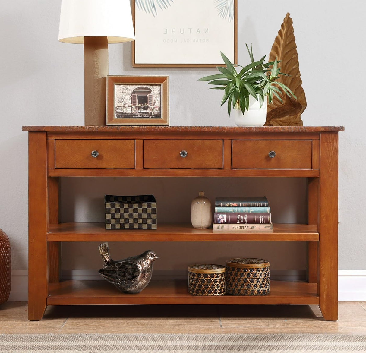 YWUFUART 48 Inch Solid Wood-Console Table-Sofa Table-Storage Cabinet with 3 Drawers and 2 Shelves for Entryway Hallway Living Room (Brown) YWUFUART