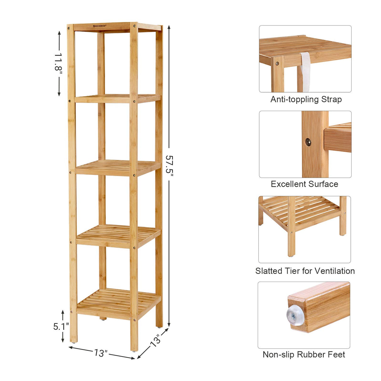 SONGMICS 5-Tier Bamboo Bathroom Shelf, Narrow Shelving Unit, Multifunctional Storage Rack, Corner Rack, for Kitchen, Living Room, Bedroom, Entryway, Bathroom, Natural UBCB55Y SONGMICS