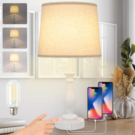 Farmhouse Table Lamp Touch Control 3-Way Dimmable Table Lamp, Modern Nightstand Lamp with 2 USB Port Bedside Desk Lamp with Fabric Shade for Living Room Bedroom Hotel (Pack-01 White) LALISU