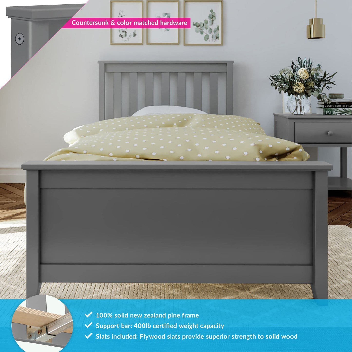 Max & Lily Twin Bed Frame with Slatted Headboard, Solid Wood Platform Bed for Kids, No Box Spring Needed, Easy Assembly, Grey - WoodArtSupply