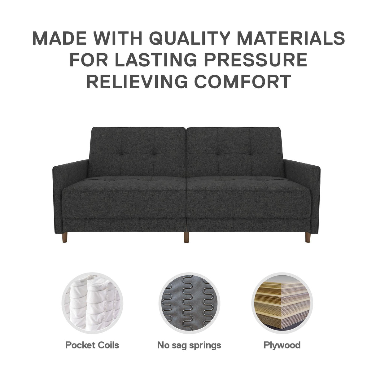 DHP Andora 76 Inch Futon Sofa Bed, Modern Upholstered Couch Sleeper with Button Tufted Back and Seat, Grey DHP