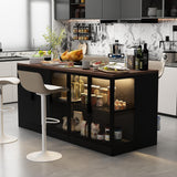 TAMUNE 77” Kitchen Island with Glass Doors and Light, Large Kitchen Storage Island with Drawers and Shelves, for Home Bar Black and Brown 30.3”D x 77.6”W x 36.6”H TAMUNE