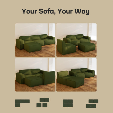 Marsail Modular Sectional Sofa, 111" L-Shaped Modular Sectional Couch with Deep Seat, Freely Combinable Sectional Clound Sofa for Living Room, No Assembly, Plush Corduroy Fabric, Green Marsail