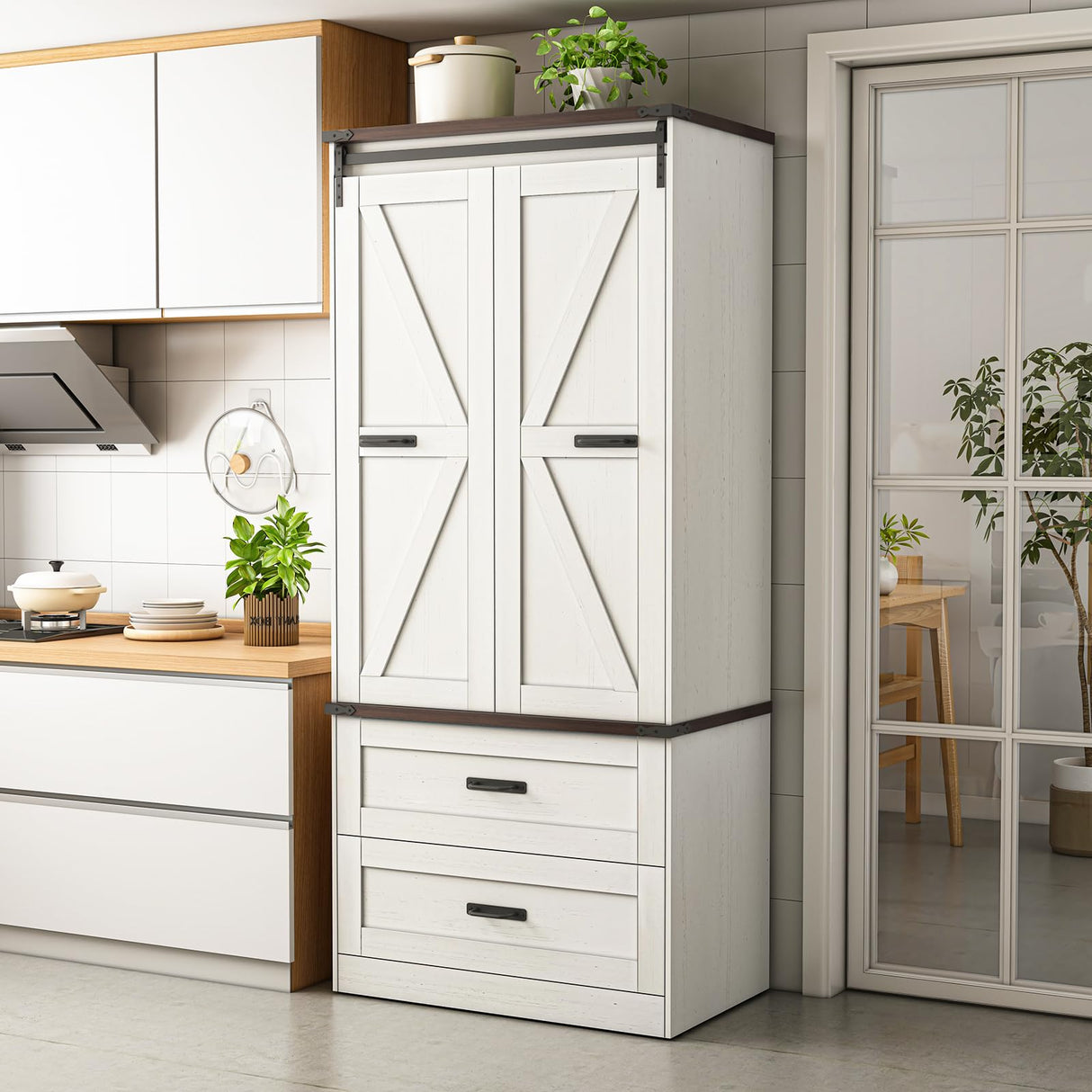 Hlivelood 72" Tall Storage Cabinet with Barn Doors & 2 Drawer, Pantry Cabinet with Adjustable Shelves, Rustic Wood Cupboard for Kitchen, Dining Room, Living Room, White Hlivelood